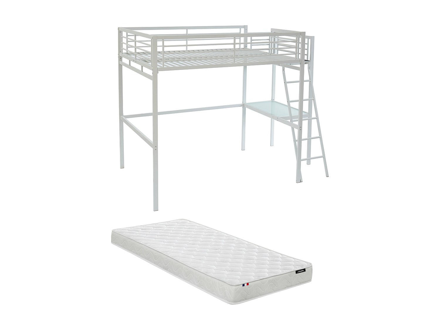 HOCHBETT mit Schreibtisch + Matratze - 140 x 190 cm - Weiß - CASUAL II - Weiß, Metall - Vente-Unique