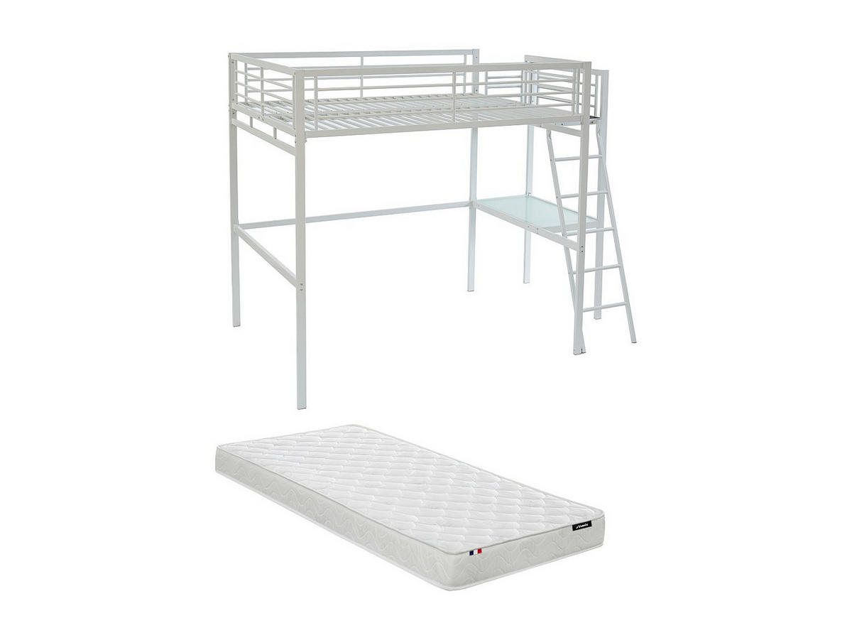 HOCHBETT mit Schreibtisch + Matratze - 140 x 190 cm - Weiß - CASUAL II - Weiß, Metall - Vente-Unique