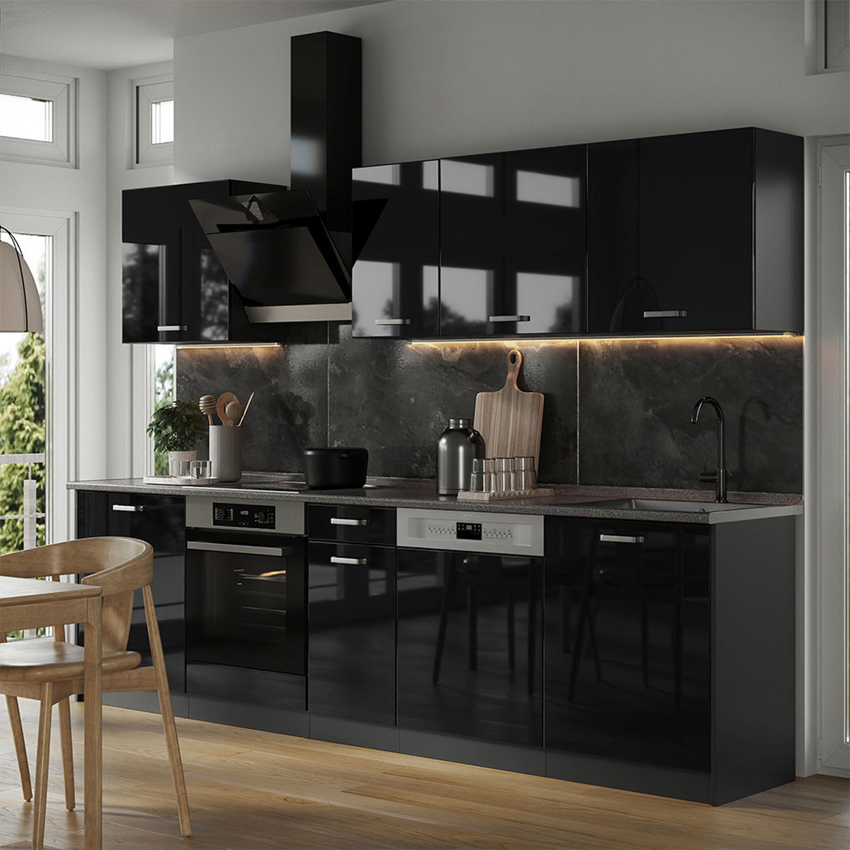 KÜCHENZEILE R-Line, Schwarz Hochglanz/Weiß, 280 cm Arbeitsplatte Goldkraft Eiche - Schwarz Hochglanz/Weiß, Holzwerkstoff (280/206.8/60cm) - Vicco