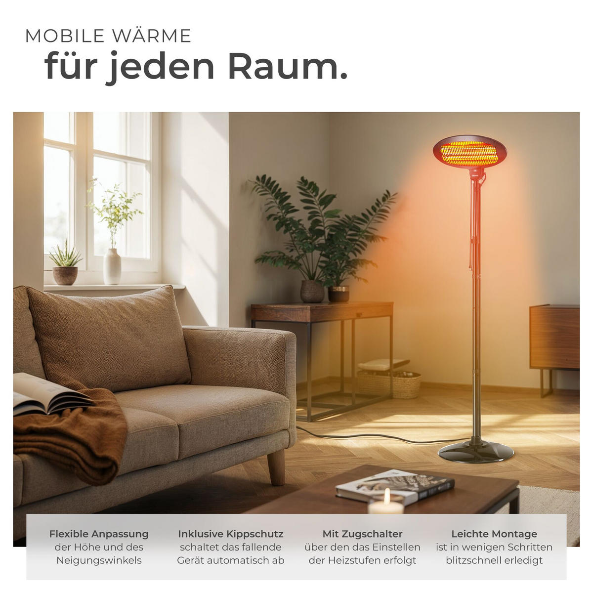 INFRAROTHEIZSTRAHLER Solaris Monolith, Wandmontage möglich, 50 x 50 x 136 - 213 cm, schwarz - Schwarz, Metall (50/133.5/49cm) - tectake