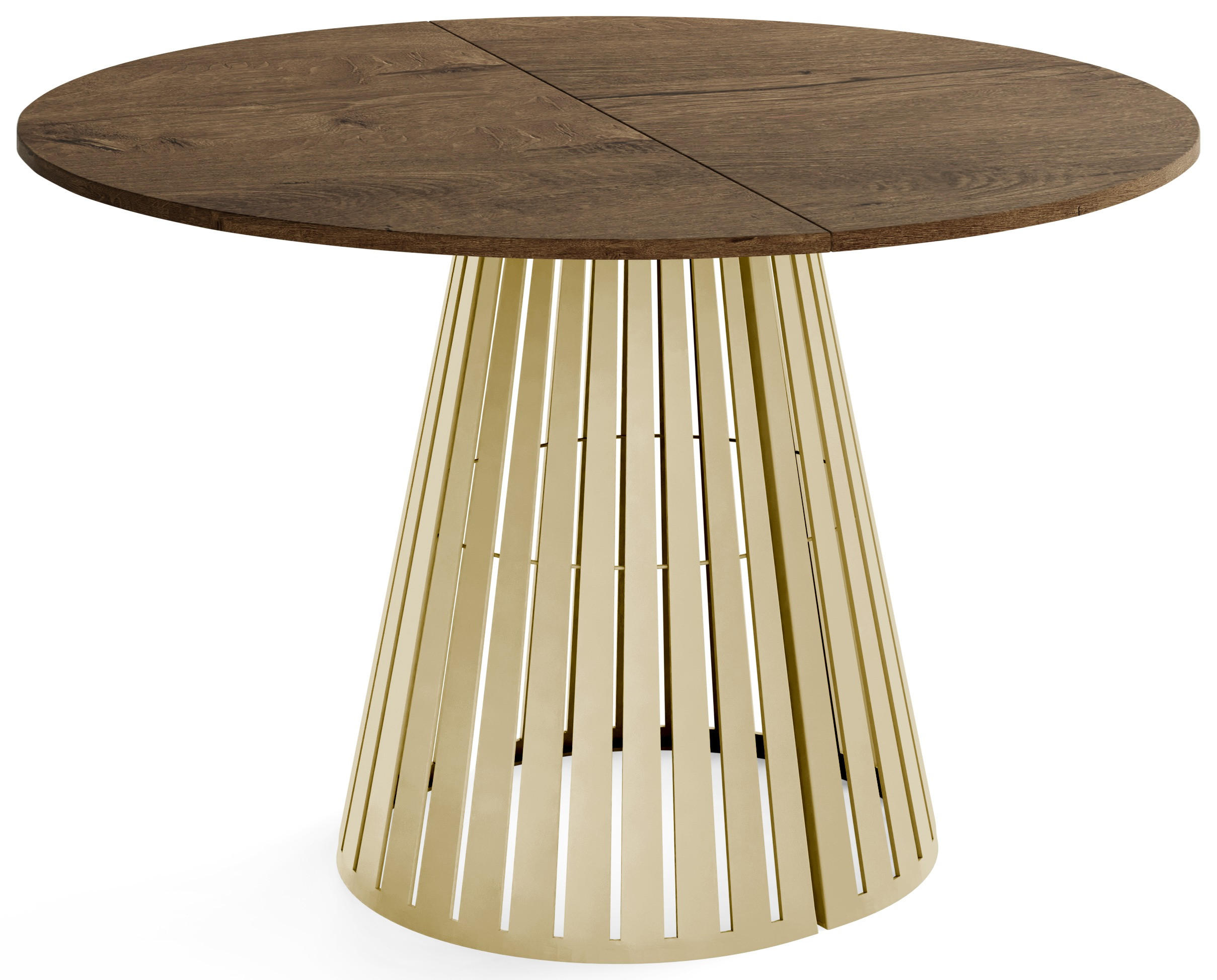 ESSTISCH Naro rund ausziehbar mit Goldenem Lamellen-Metallgestell, Braun 100-180/100/76 cm - Alteiche/Goldfarben, Holzwerkstoff/Metall (100/176/76cm) - WFL GROUP