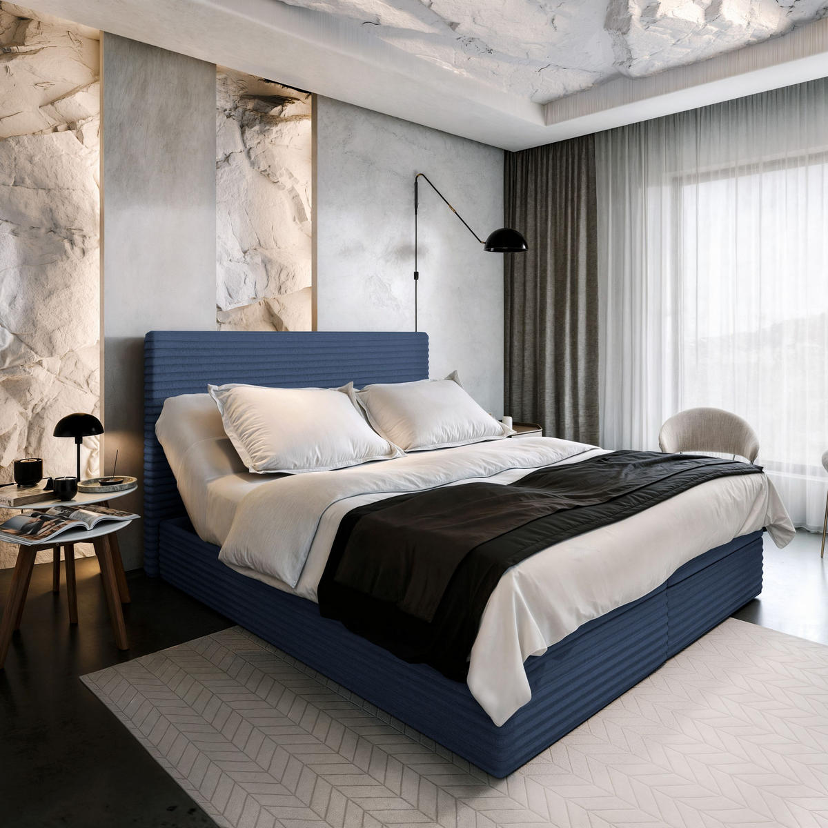 BOXBETT MILARA 160x200 cm mit Matratze und Topper - Blau - Blau, Holz (160/200cm) - MASSENO