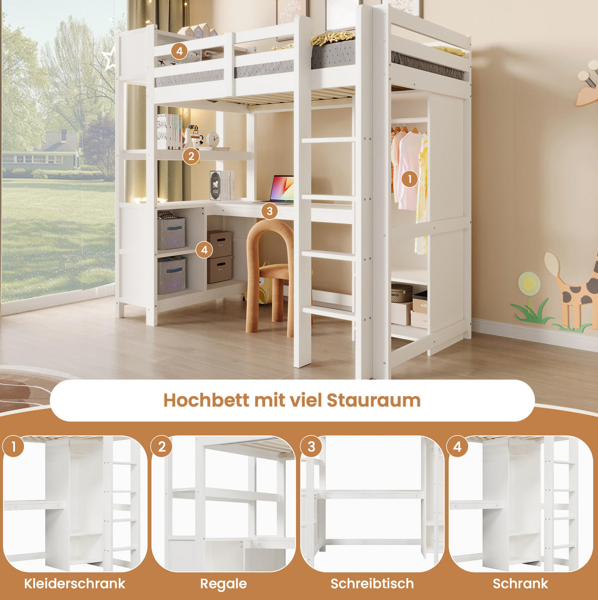VYSOKÁ posteľ 90/200 cm biela/prírodná z borovice a MDF s písacím stolom policami a šatníkom - biela, kompozitné drevo (90/200cm) - OKWISH