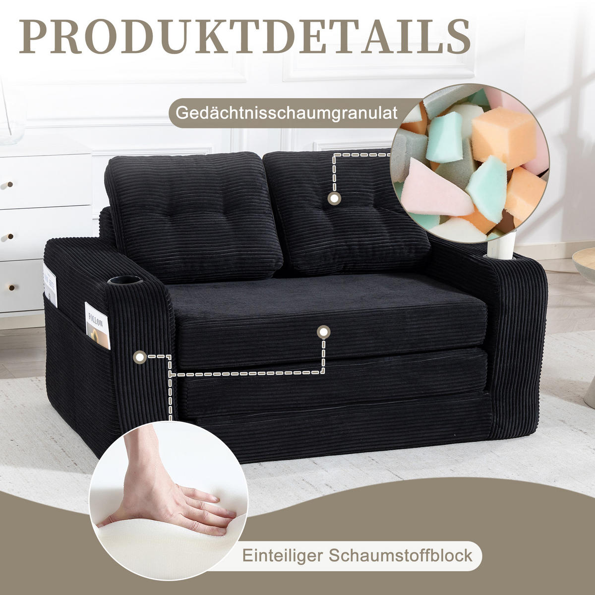 SCHLAFSOFA in Schwarz Cord mit Getränkehalter und Seitentaschen - Schwarz, Textil (136/82.5/80cm) - Oxeza