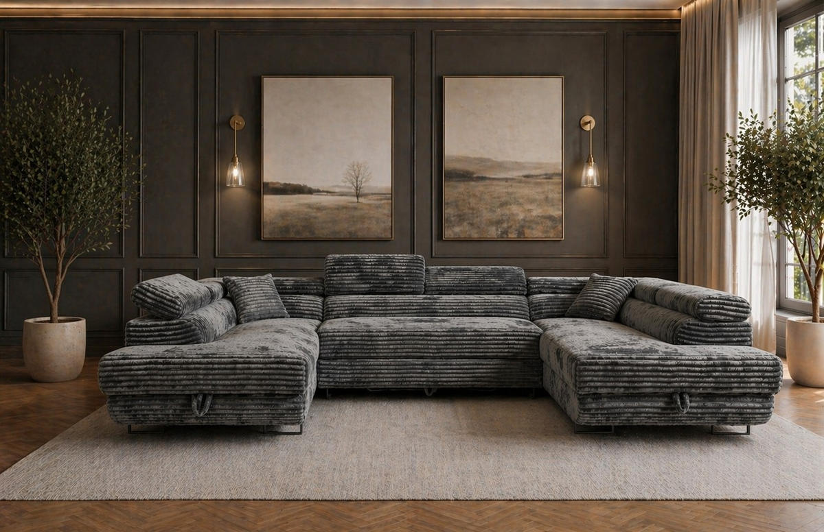 WOHNLANDSCHAFT SERENA U mit Stauraum, Grau - Grau, Textil (340/90/205cm) - KS Home Concept