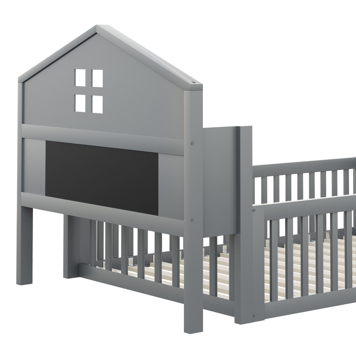 KINDERBETT aus Kiefernholz 90x200 cm Grau mit Schutzgitter, Tür, Regal und Kreidetafel - Grau, Holzwerkstoff (90/200cm) - IVMEU