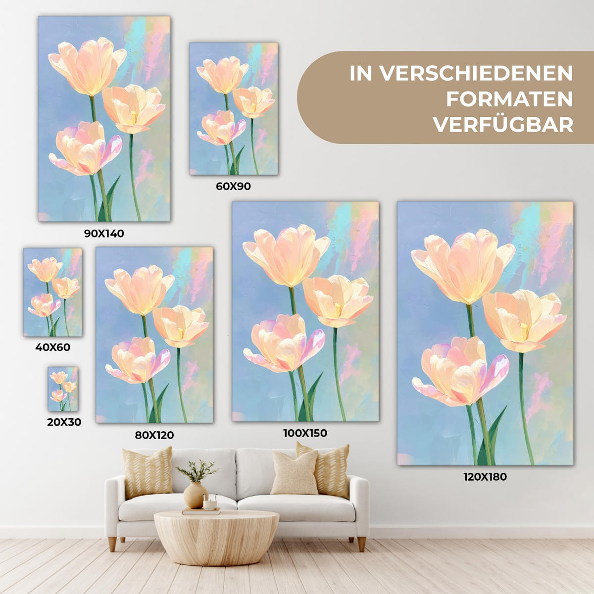 LEINWANDBILD Tulpen - Rosa Akzente - Blau Deko Groß 90x140 cm - Pastellblau, Textil (90/140cm) - MuchoWow