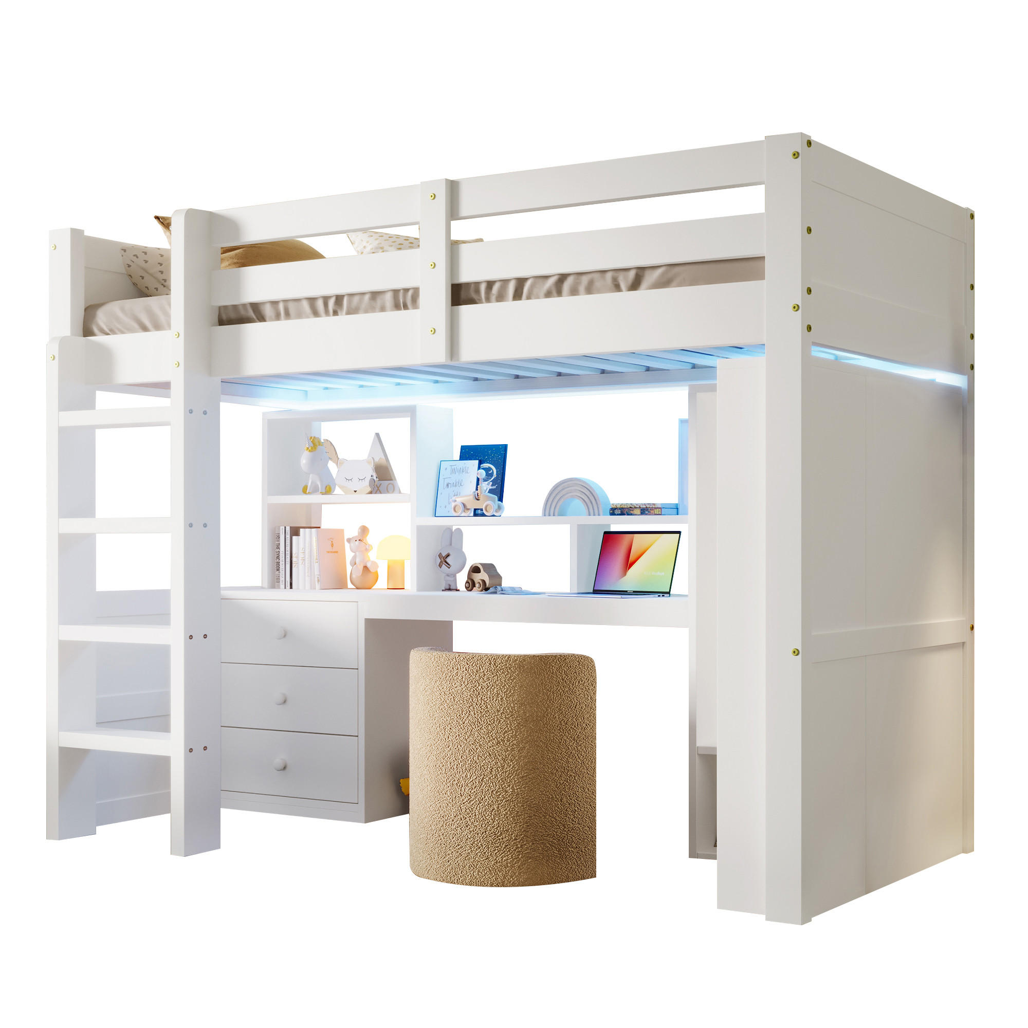 STILVORA HOCHBETT 90/200 cm in Weiß mit Kleiderschrank, Schreibtisch, 3 Schubladen, Staufächern und LED