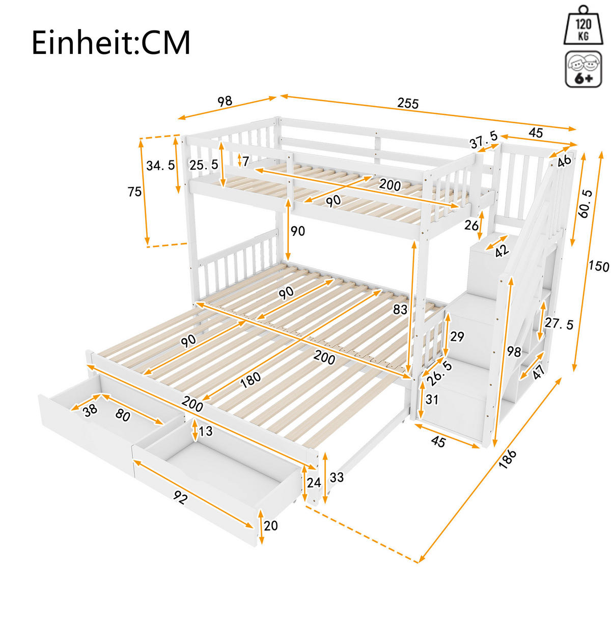 ETAGENBETT 90/200 cm aus Kiefernholz und MDF mit Ausziehbett und 2 Schubladen Weiß - Weiß, Holz (90/200cm) - Modenvie