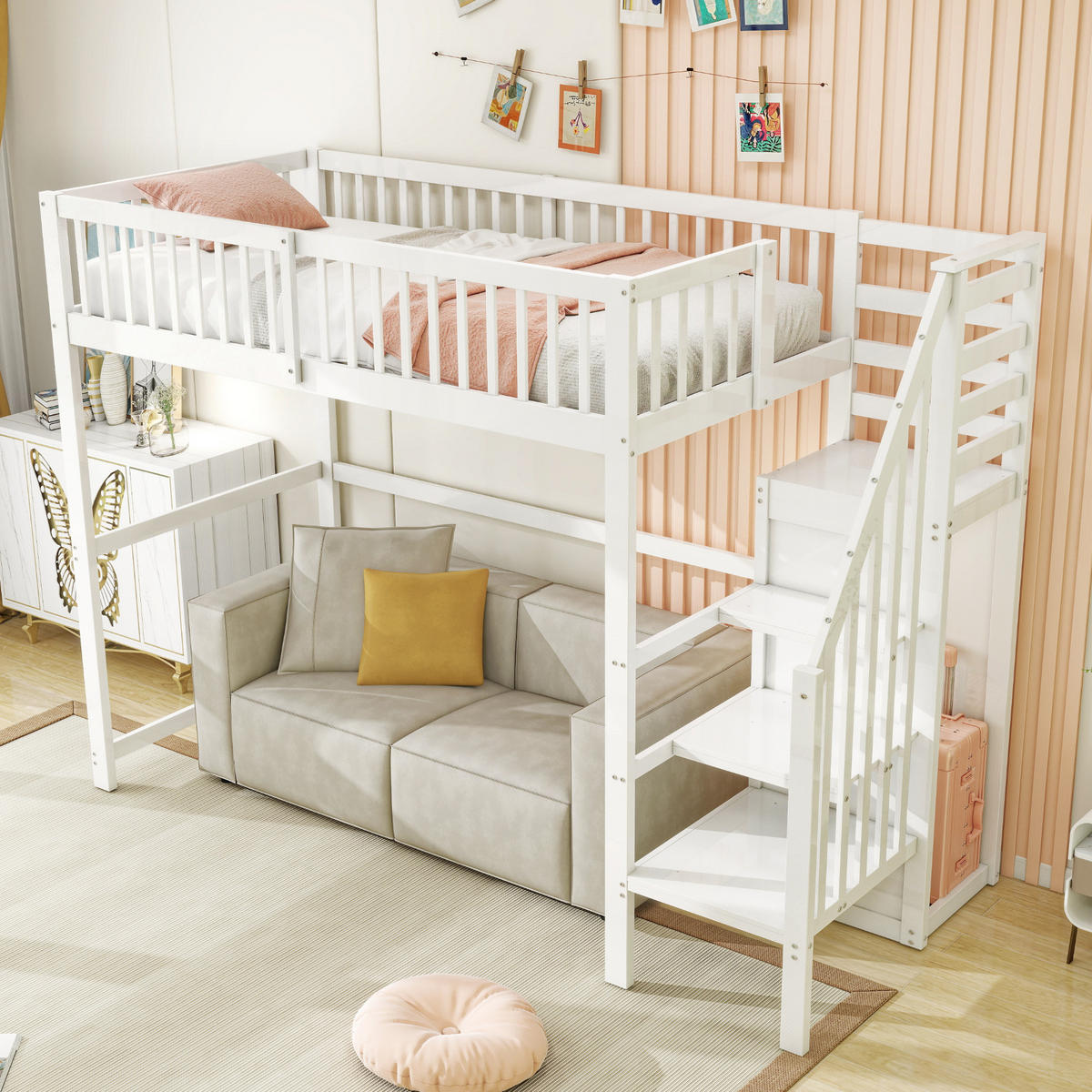 HOCHBETT aus Holz 90x200 cm in Weiß mit Treppe & Kleiderschrank - Weiß, Holz (90/200cm) - Modfu