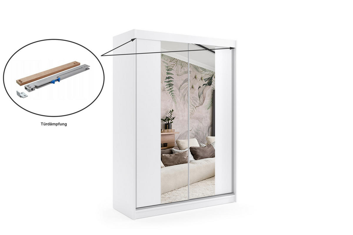 KLEIDERSCHRANK mit Spiegel-Schiebetüren und Aluminium-Leisten - LUZO - 120 cm Weiß - Weiß, Holzwerkstoff (120/216/61cm) - ALTDECOR