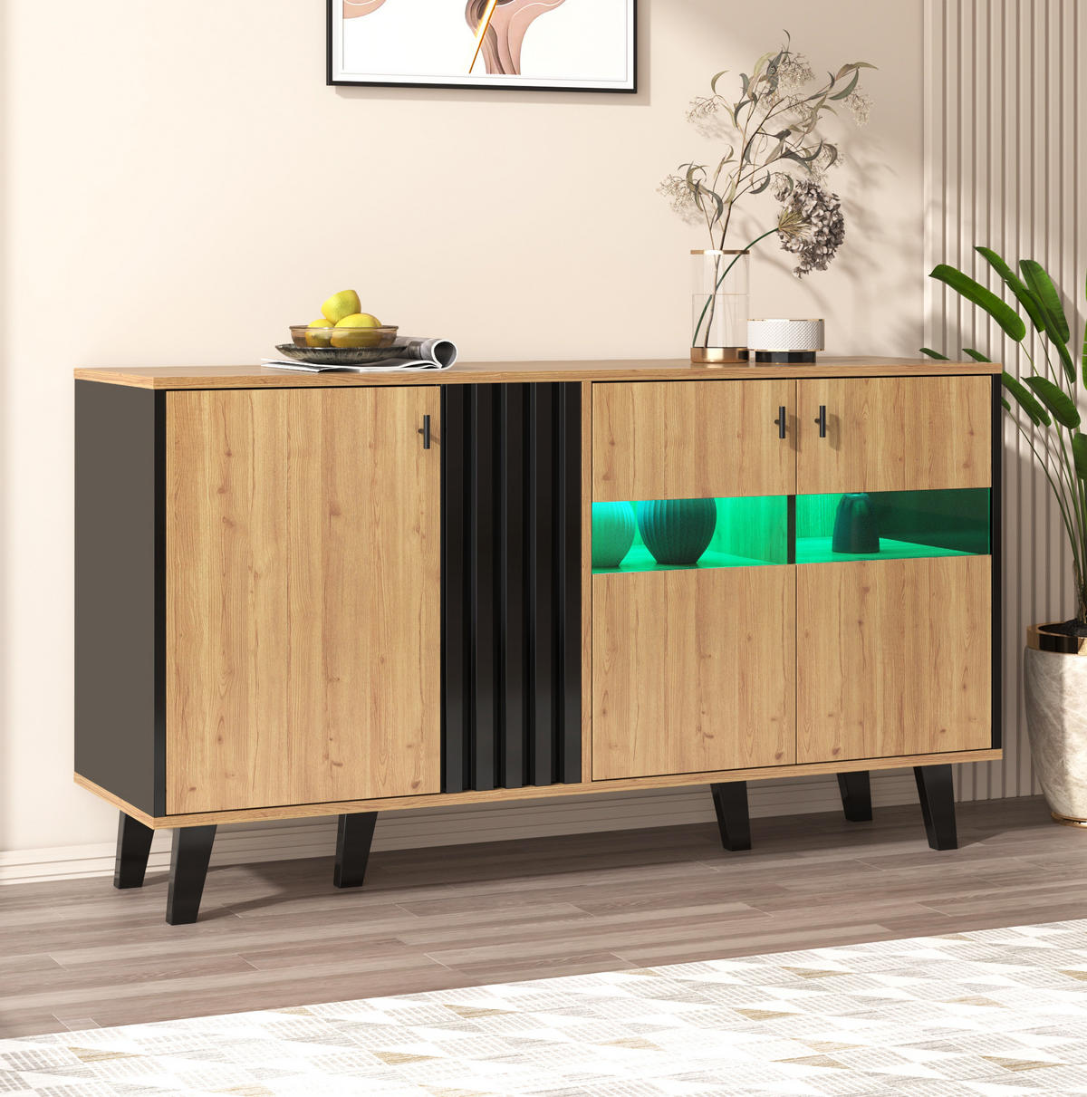 SIDEBOARD 140/41/78,5 cm mit 3 Türen, Glas-Element und LED in Holzfarben - Naturfarben, Holzwerkstoff (140/78/41cm) - BEAOK