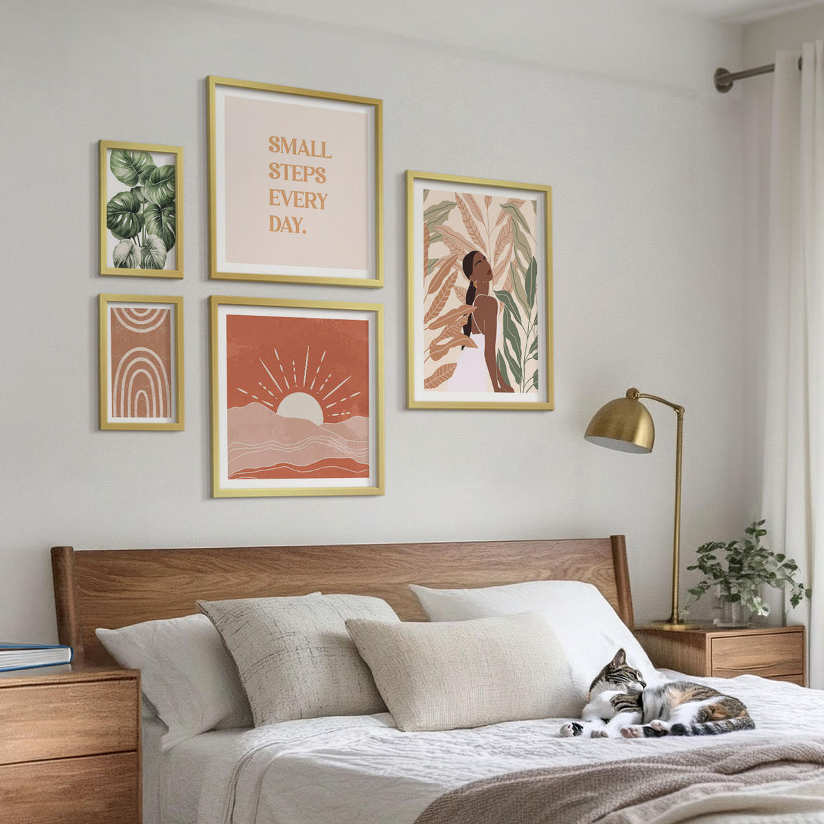 BILDER SET 5er Set - 50x50 cm & 20x30 cm & 40x60 cm Goldrahmen - abstrakte Formen im Boho-Stil - Goldfarben, Kunststoff (40/60cm) - TULUP