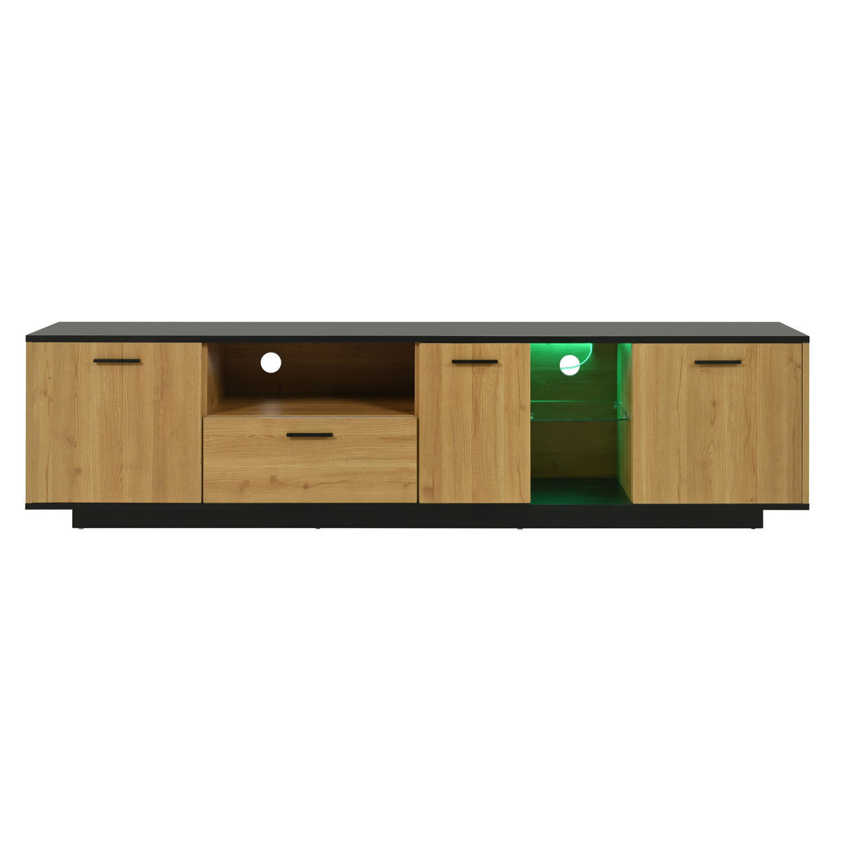 NÍZKA komoda 180/37/45 cm z MDF s LED osvetlením, 3 dvierkami, zásuvkou a sklenenými policami, Čierna - čierna/prírodná farba, kompozitné drevo (180/45/37cm) - Redom