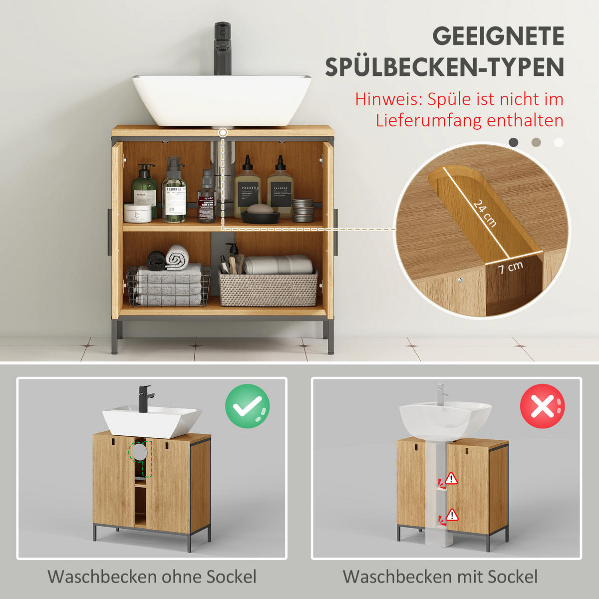 WASCHBECKENUNTERSCHRANK 60x60 cm, einstellbarem Regal Eiche - Eichefarben/Schwarz, Holzwerkstoff/Metall (30/60/60cm) - HOMCOM