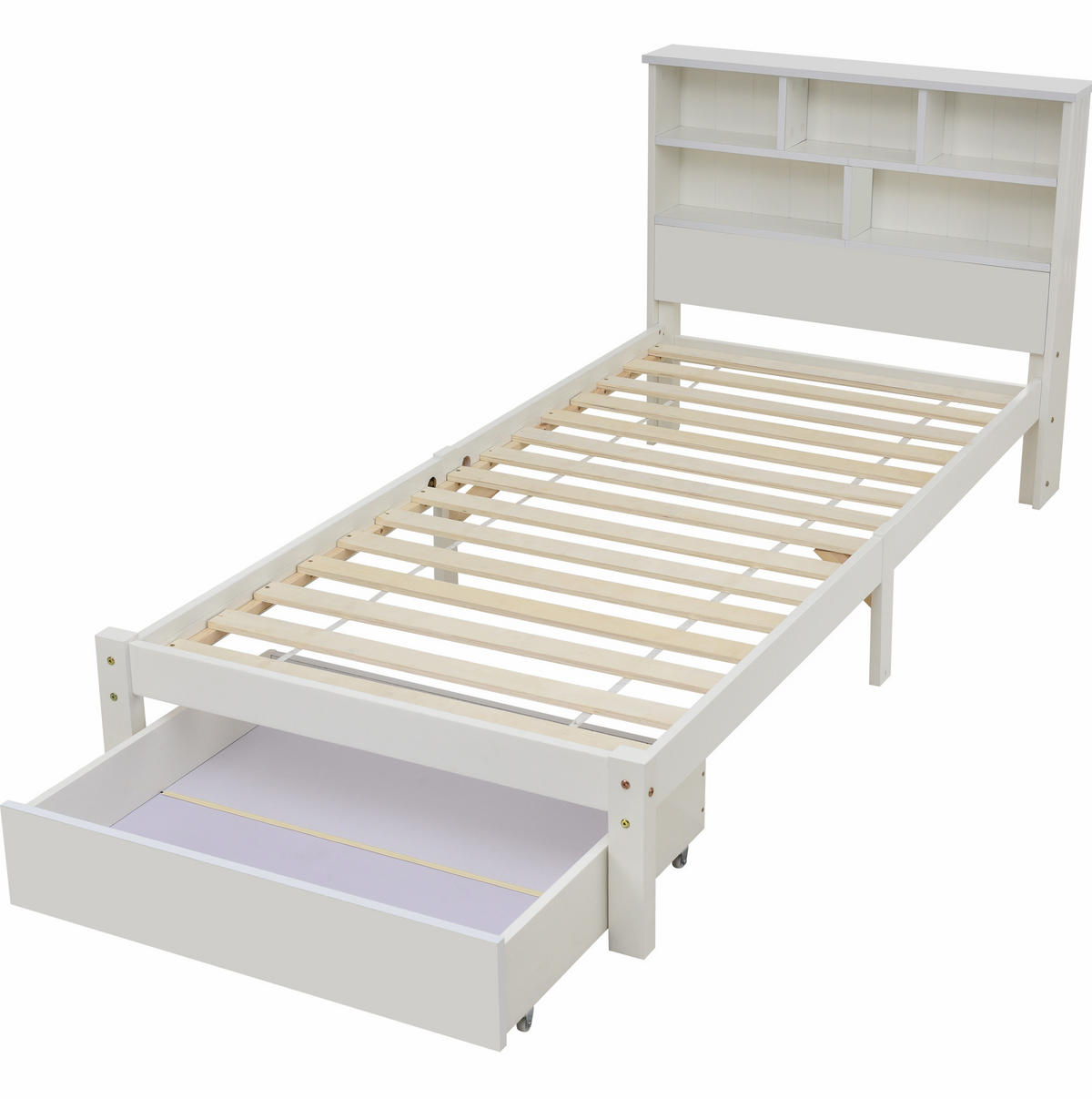 EINZELBETT 90/200 cm Weiß mit Bücherregal und Schubladen - Weiß, Holz (90/200cm) - OKWISH
