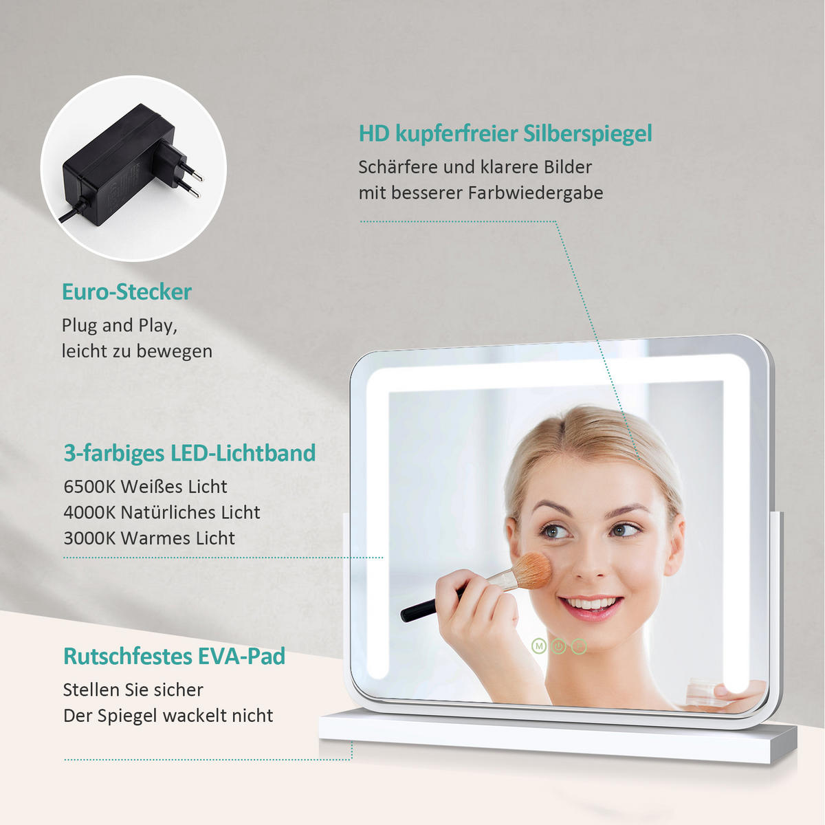 KOSMETIKSPIEGEL mit Beleuchtung, Weiß, 60/51,6/11,8 cm - Weiß, Glas (51.6/12.2/60cm) - EMKE