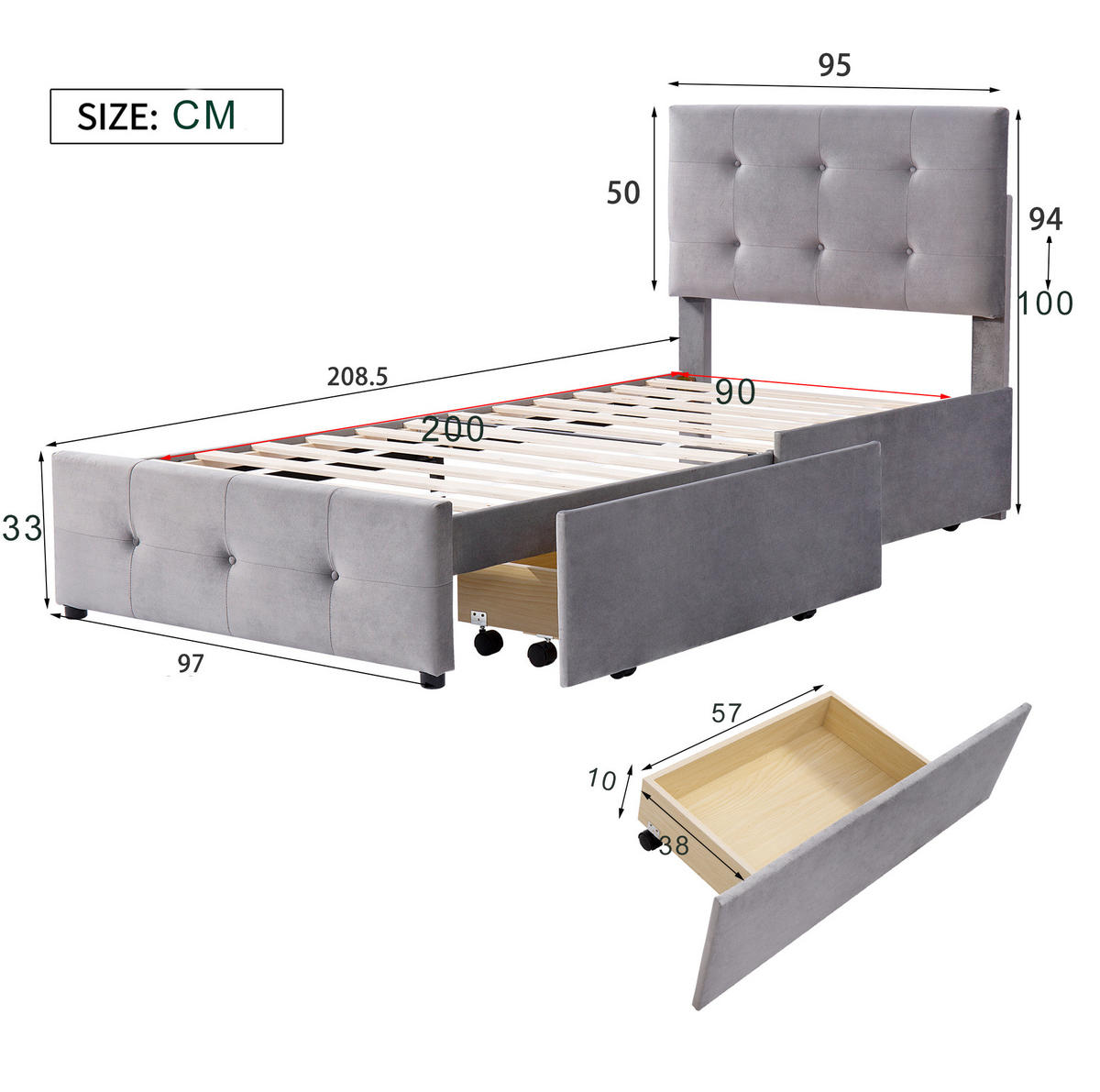 POLSTERBETT aus Samt 90x200 cm in Grau mit Schublade & Lattenrost - Grau, Textil (90/200cm) - Modfu