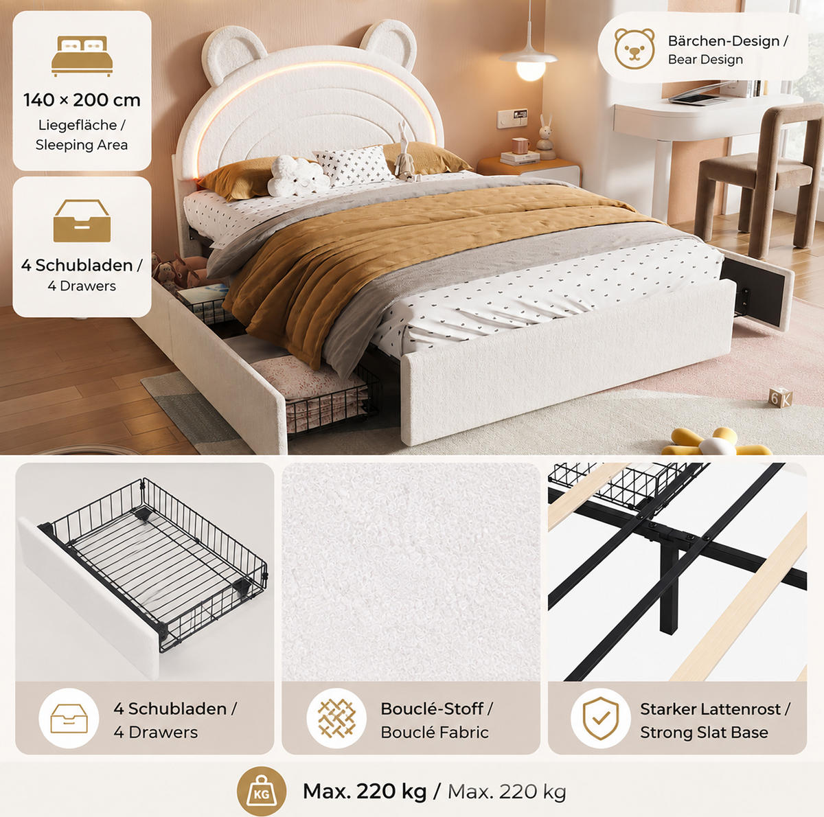KINDER-POLSTERBETT aus Samt 140x200 cm Beige mit 4 Schubladen, Bären-Kopfteil und App-LED - Beige, Textil (140/200cm) - Modfu