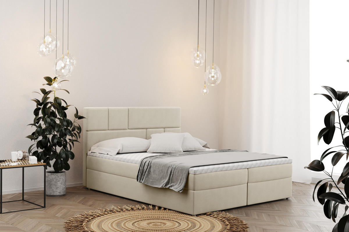 BOXBETT Mit Bettkasten BALI Stoff Mat Velvet Ecru 180x200 cm H3-Bonell - Ecru, Holz/Holzwerkstoff (180/200cm) - Kaiser Möbel