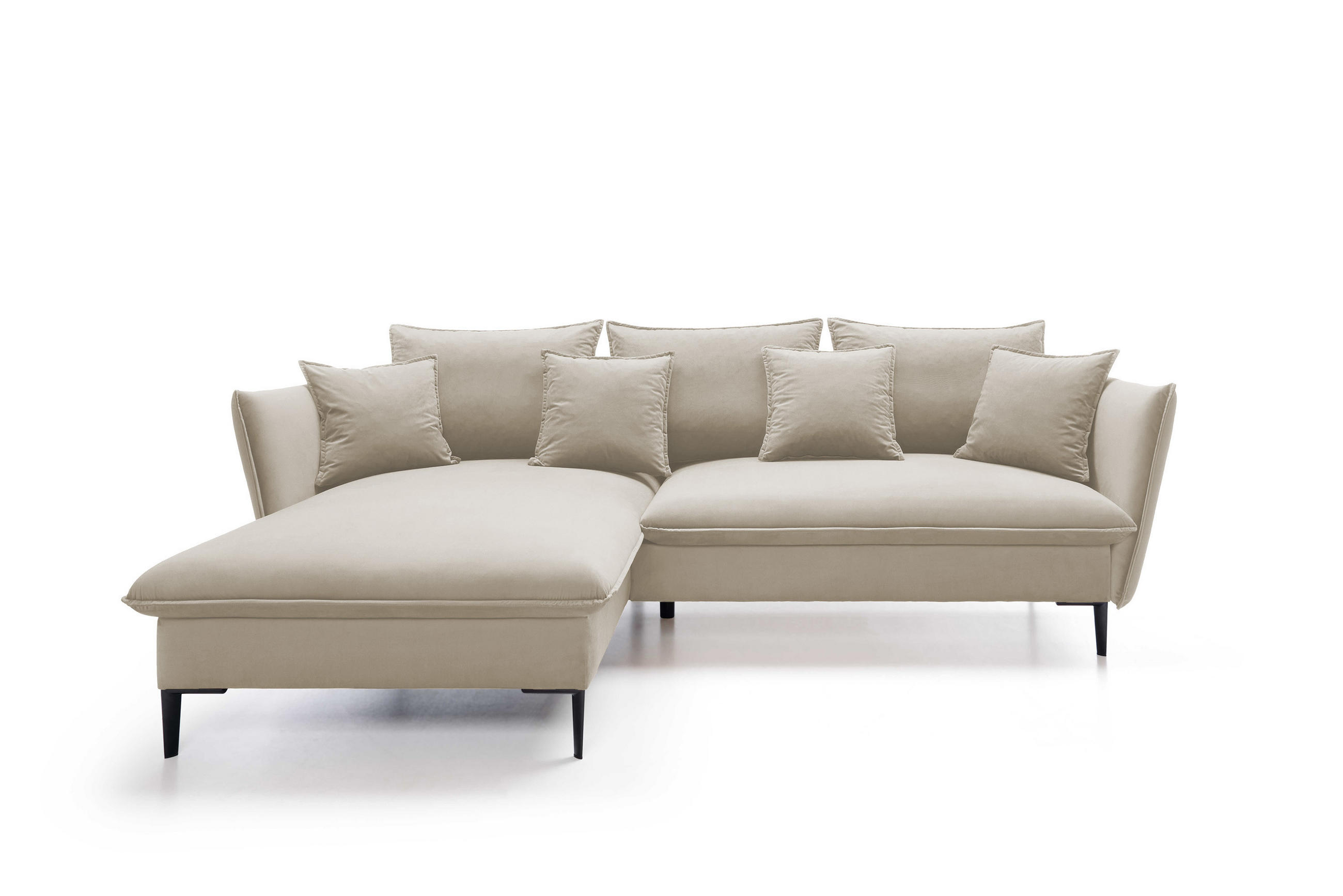 ECKSOFA GLOSS mit Schlaffunktion, Ottomane & goldenen Füßen – Samtsofa im GLOSSour-Stil mit Zierkissen, 258x167x91cm, Linke, PLATINUM - Grün, Holz/Textil (167/258cm) - DomoHome