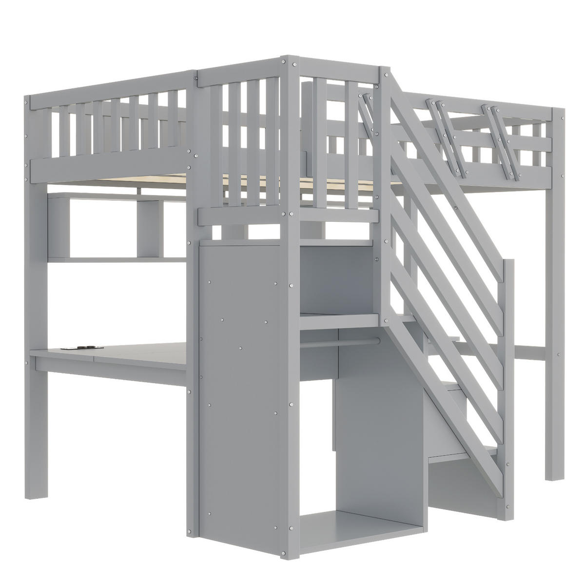 HOCHBETT 90/200 cm mit Stauraumtreppe und Schreibtisch, DE-01497, in Grau - Grau, Holzwerkstoff (90/200cm) - ComfortXL