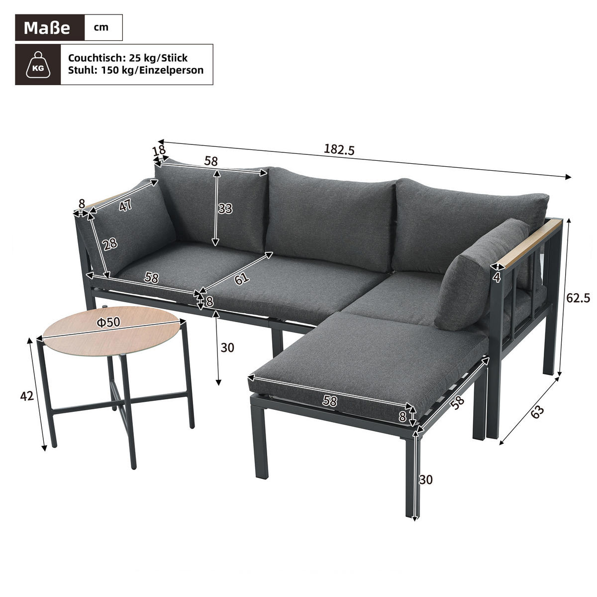 GARTENSET 182x63x62cm grau aus Stahl und Glas, wasserdicht - Grau, Textil - Modfu