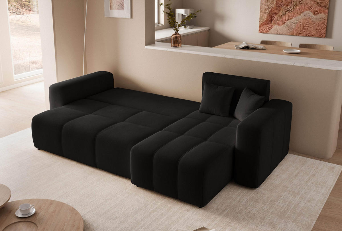 ECKSOFA Schwarz Velours mit Bettkasten und Schlaffunktion - Schwarz, Textil (248/145cm) - Idohome