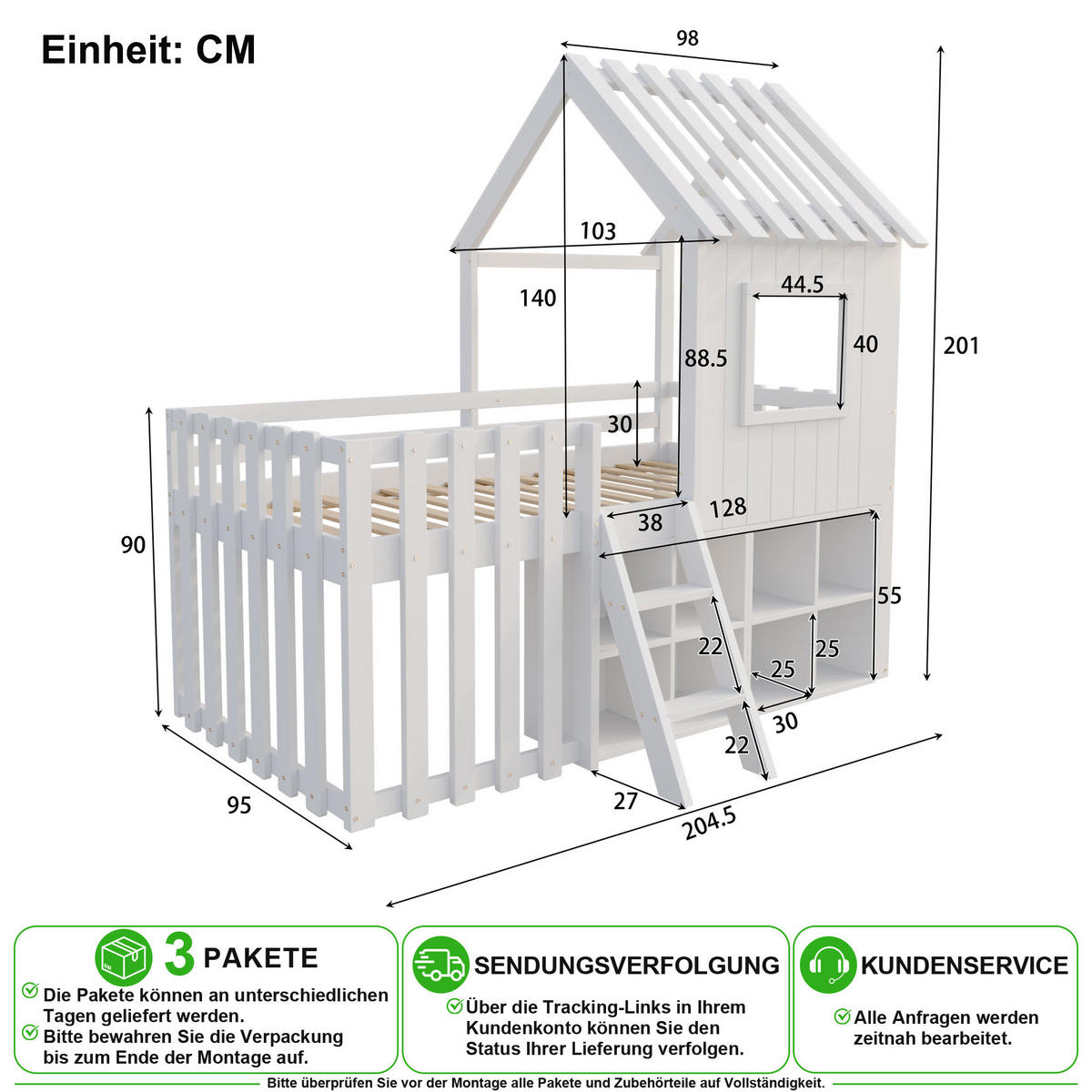 HOCHBETT 90/200 cm in Weiß mit Stauraum, Dach und Fenster - Weiß, Holz/Holzwerkstoff (90/200cm) - CHICFURN