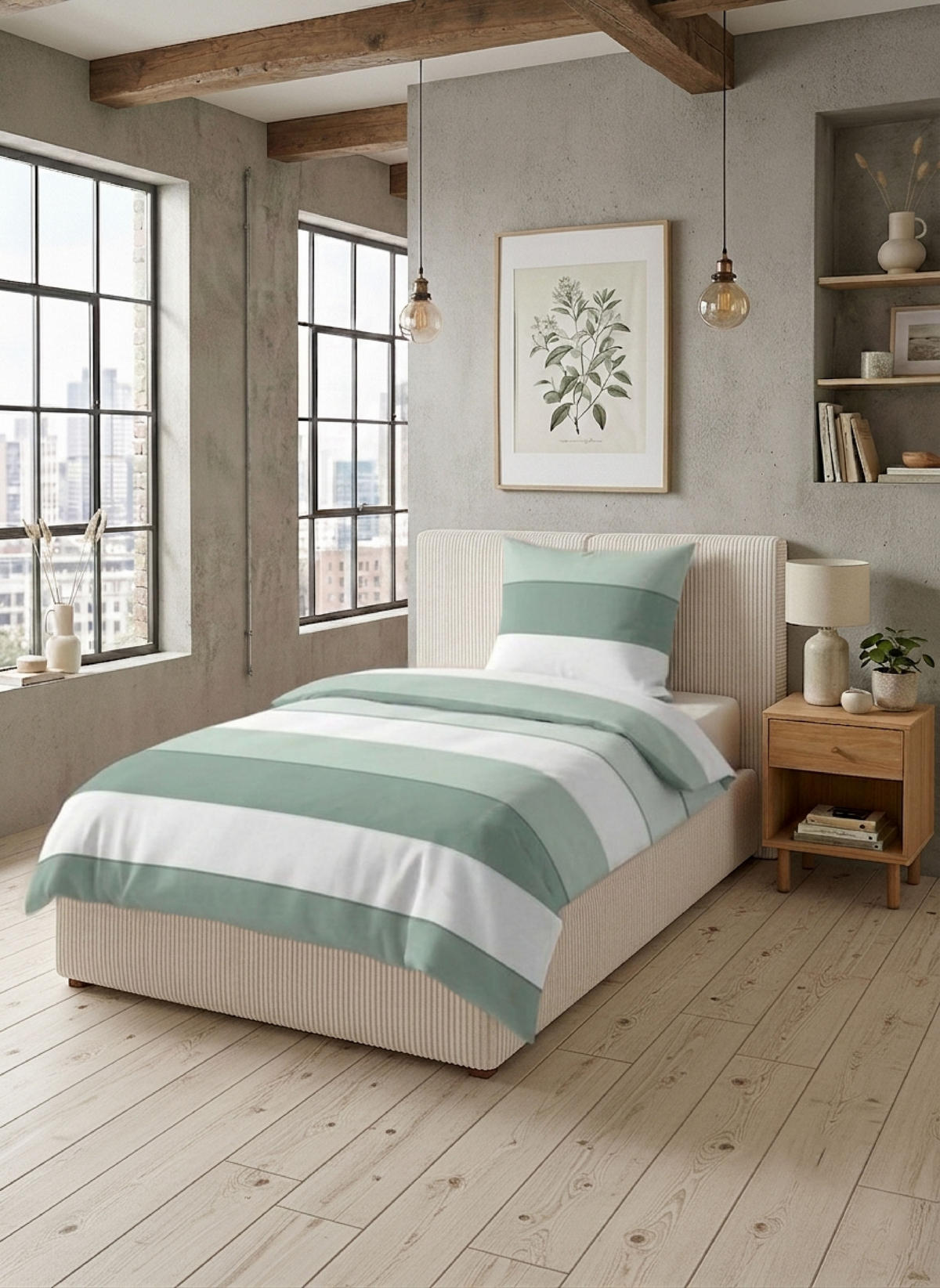 BETTWÄSCHE-GARNITUR Satin Blockstreifen salbei, 135x200 cm + 80x80 cm - Salbeigrün, Textil (135/200cm) - biberna