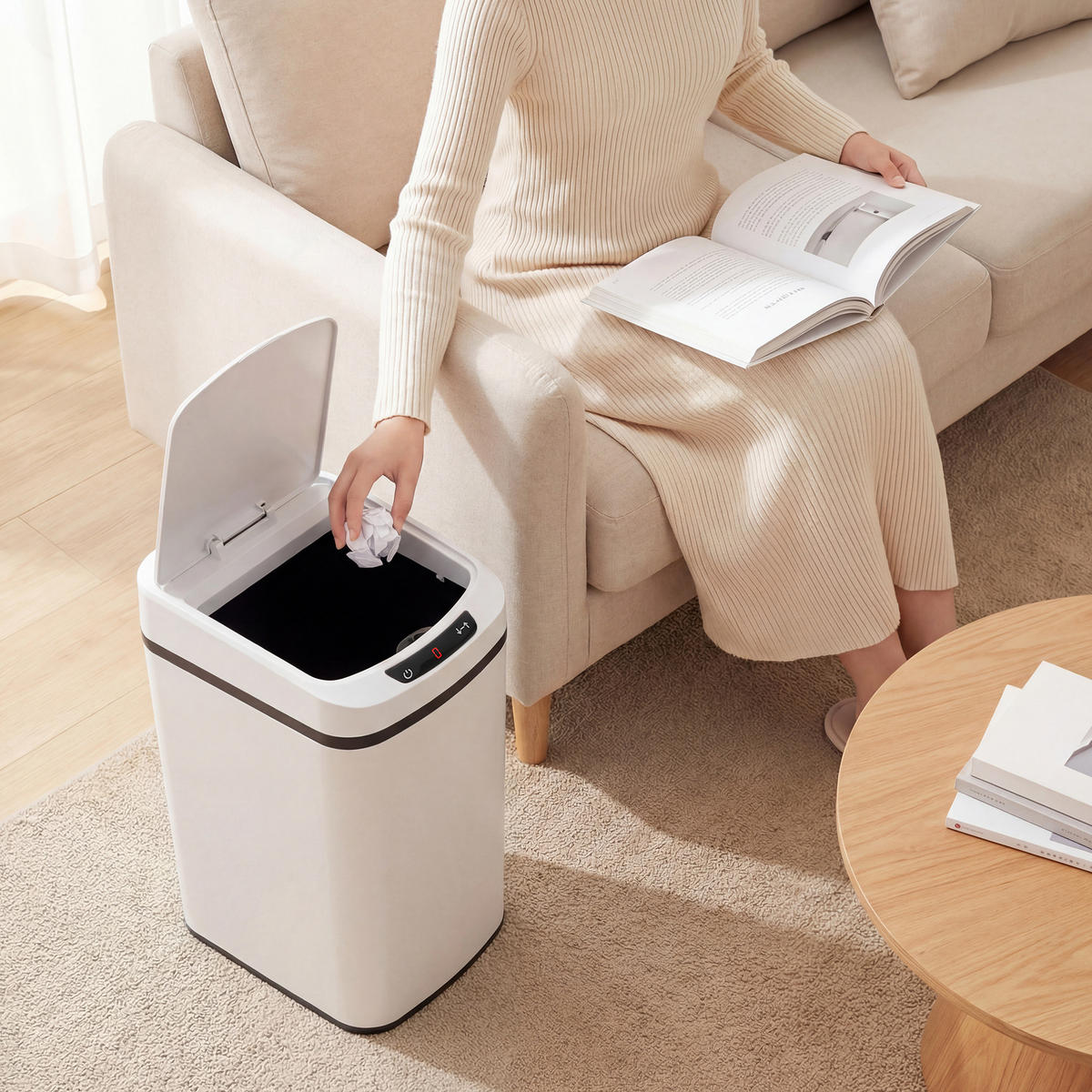 MÜLLEIMER SENSOR 12L Edelstahl Weiß Herausnehmbarer Inneneimer 28/22/41 cm - Weiß, Metall (22/41/28cm) - Rolipo