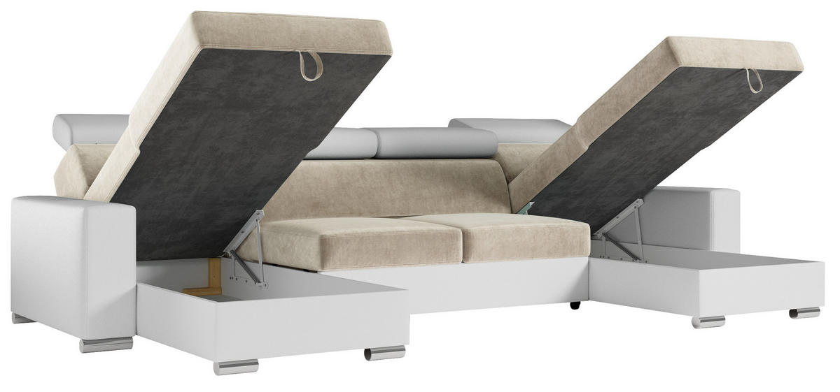 WOHNLANDSCHAFT FOX U Beige/Weiß - Velvet/Kunstleder - Beige/Silberfarben, Kunststoff/Textil (306/98/168cm) - MKS