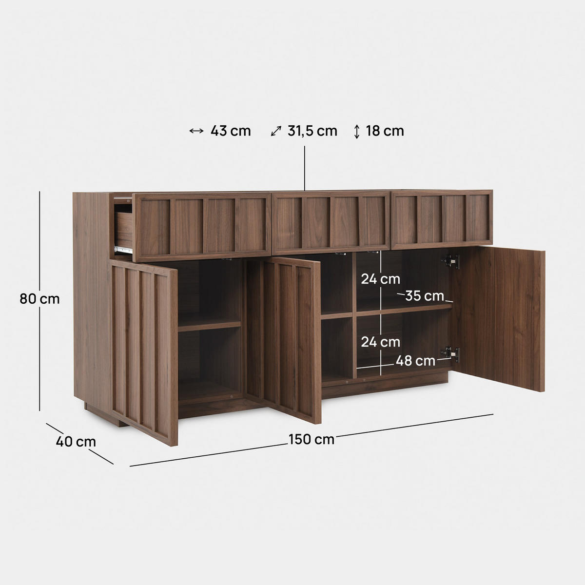 SIDEBOARD GROSSES Kairo Walnuss 150 cm x 80 cm - Walnussfarben, Holzwerkstoff (150/80/40cm) - Klast Home