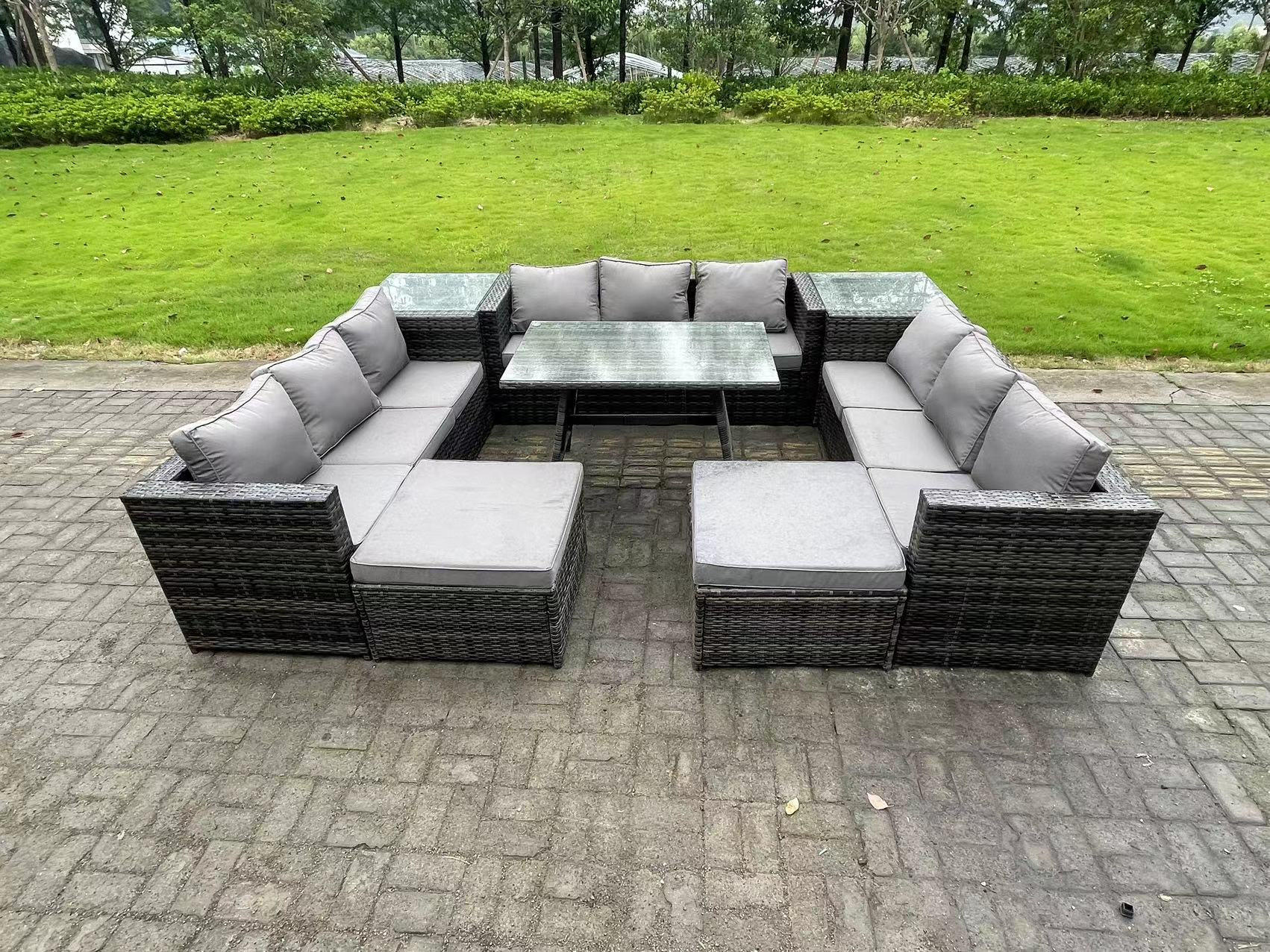 GARTENMÖBELSET mit 2 Beistelltisch 11-Sitzer Grau - Dunkelgrau/Grau, Glas/Kunststoff - Fimous