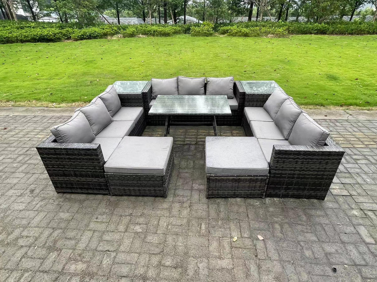 GARTENMÖBELSET mit 2 Beistelltisch 11-Sitzer Grau - Dunkelgrau/Grau, Glas/Kunststoff - Fimous