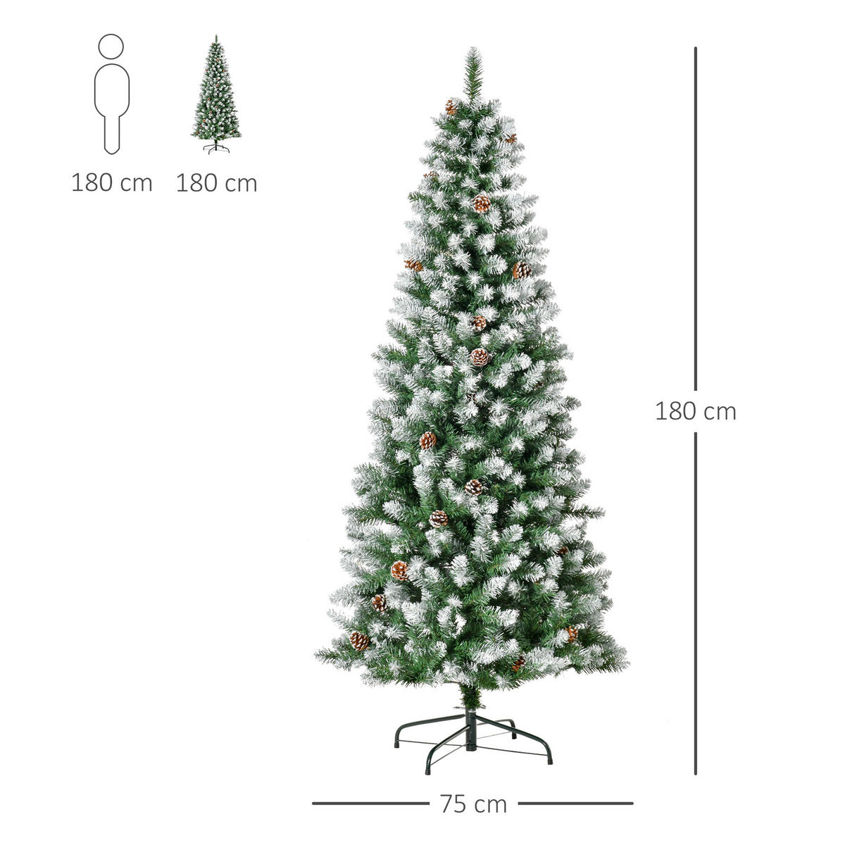 KÜNSTLICHER Weihnachtsbaum, 180 cm Christbaum mit Kunstschnee, Indoor - Grün, Kunststoff/Metall (180cm) - HOMCOM