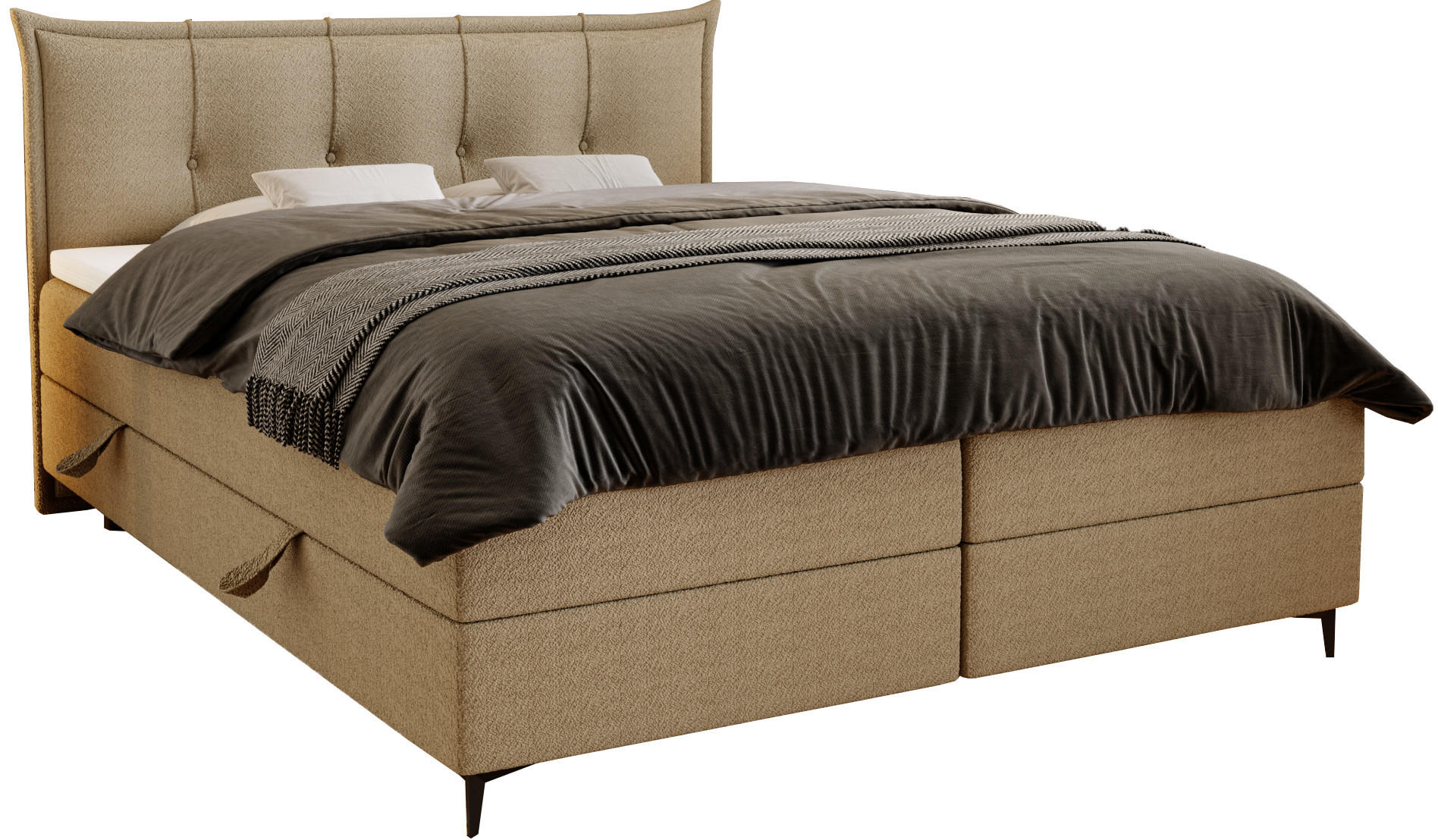 BOXSPRINGBETT Boucle 160x200 Liron mit Kissen-Kopfteil und Matratze, Beige - Orange, Holz/Textil (160/200cm) - Emporius