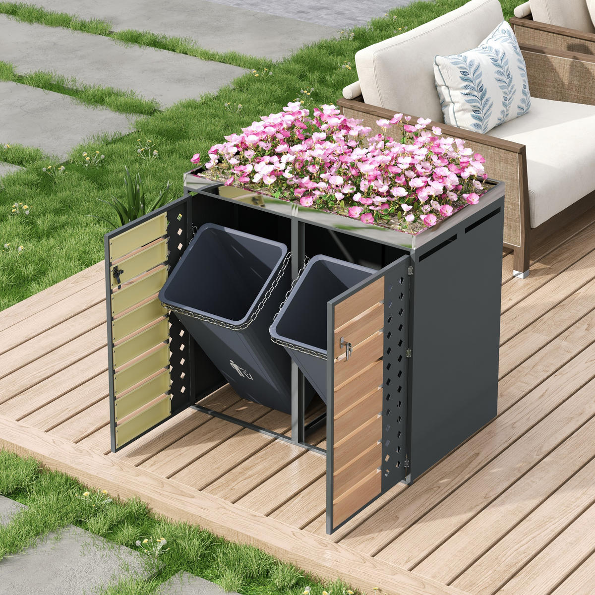MÜLLTONNENBOX 2 Türen Holzoptik Pflanzfläche - Grau, Metall (132/124.58/80cm) - LEBENLANG