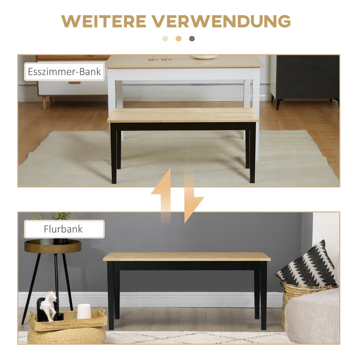 SITZBANK 2-Sitzer Essbank Holzbank, Küchenbank für Eingang bis 220 kg belastbar - Schwarz/Naturfarben, Holz (36/45/102cm) - HOMCOM