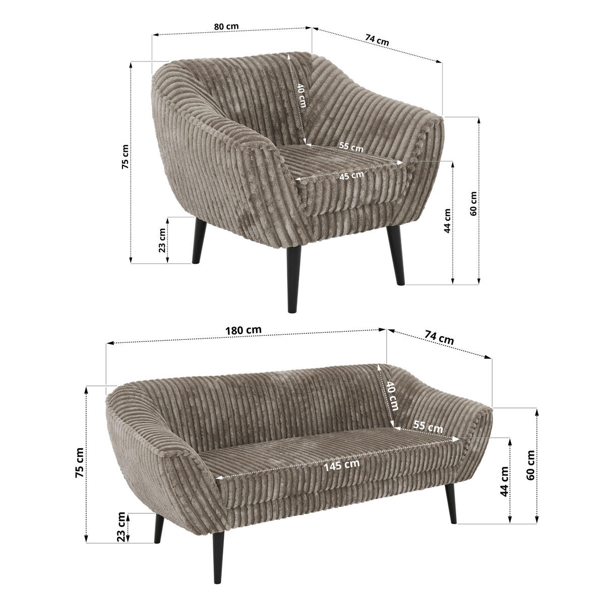 SEDACIA ZOSTAVA 3+1+1 PIRS - Svetlohnedá Manšester - Čierne nohy - svetlohnedá/čierna, kompozitné drevo/textil (180/75/74cm) - MKS