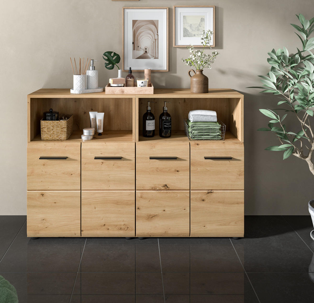 BADKOMMODE Set Eiche Artisan, 2x Badkommode 60 x 80 cm, Cover - Schwarz/Eiche Artisan, Holzwerkstoff/Kunststoff (120/80/30cm) - Inn.Furn