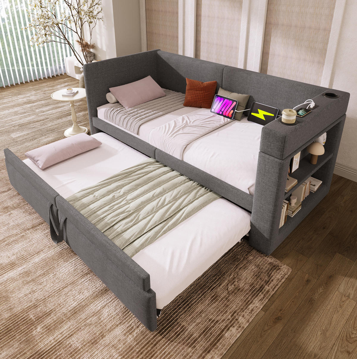 POLSTERBETT 90/200 cm mit Ausziehbett, USB- und Type-C-Anschluss sowie Getränkehalter, Grau - Grau, Textil (90/200cm) - Redom