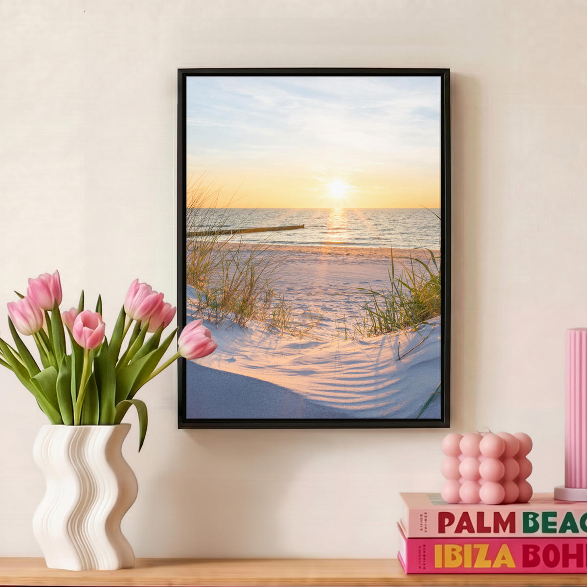 LEINWAND Bilder mit Rahmen - Strand - Sonne - Düne - Gras - Sand - Horizont - 30x40 - Hellblau, Textil (30/40cm) - MuchoWow