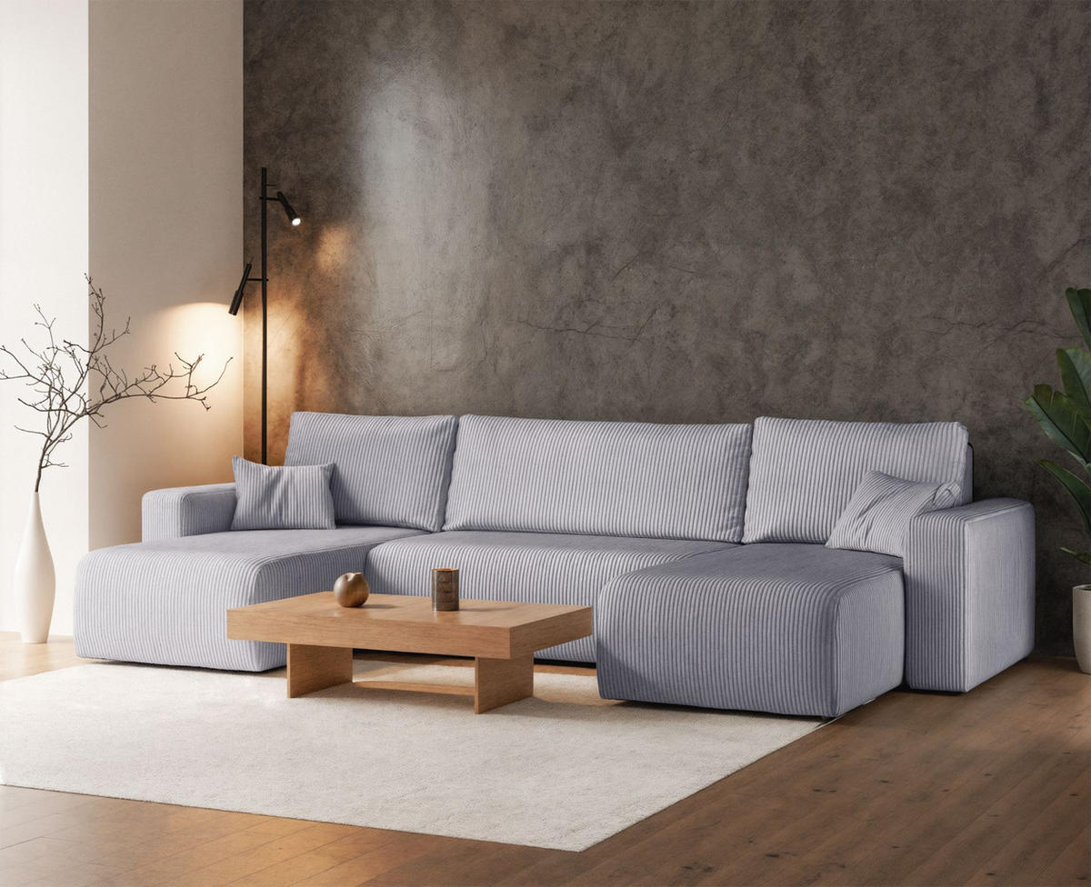 WOHNLANDSCHAFT Pianoni Hellgrau Cordbezug - Hellgrau/Schwarz, Kunststoff/Textil (312/83/140cm) - Selsey