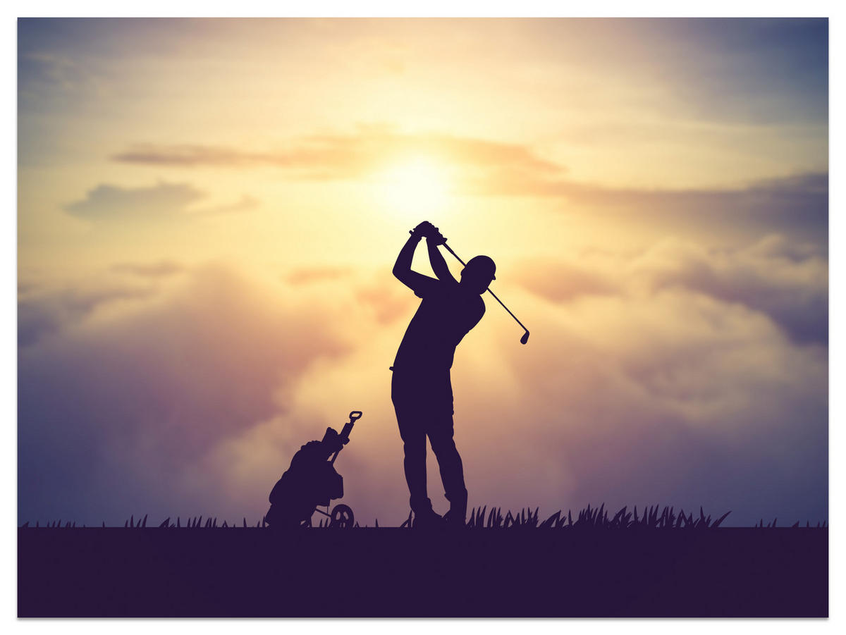 FOTOTAPETE für Jugendzimmer Golfer Sonnenuntergang Silhouette Sport 200x140 - Gelb/Violett, Papier (200/140cm) - Muralo
