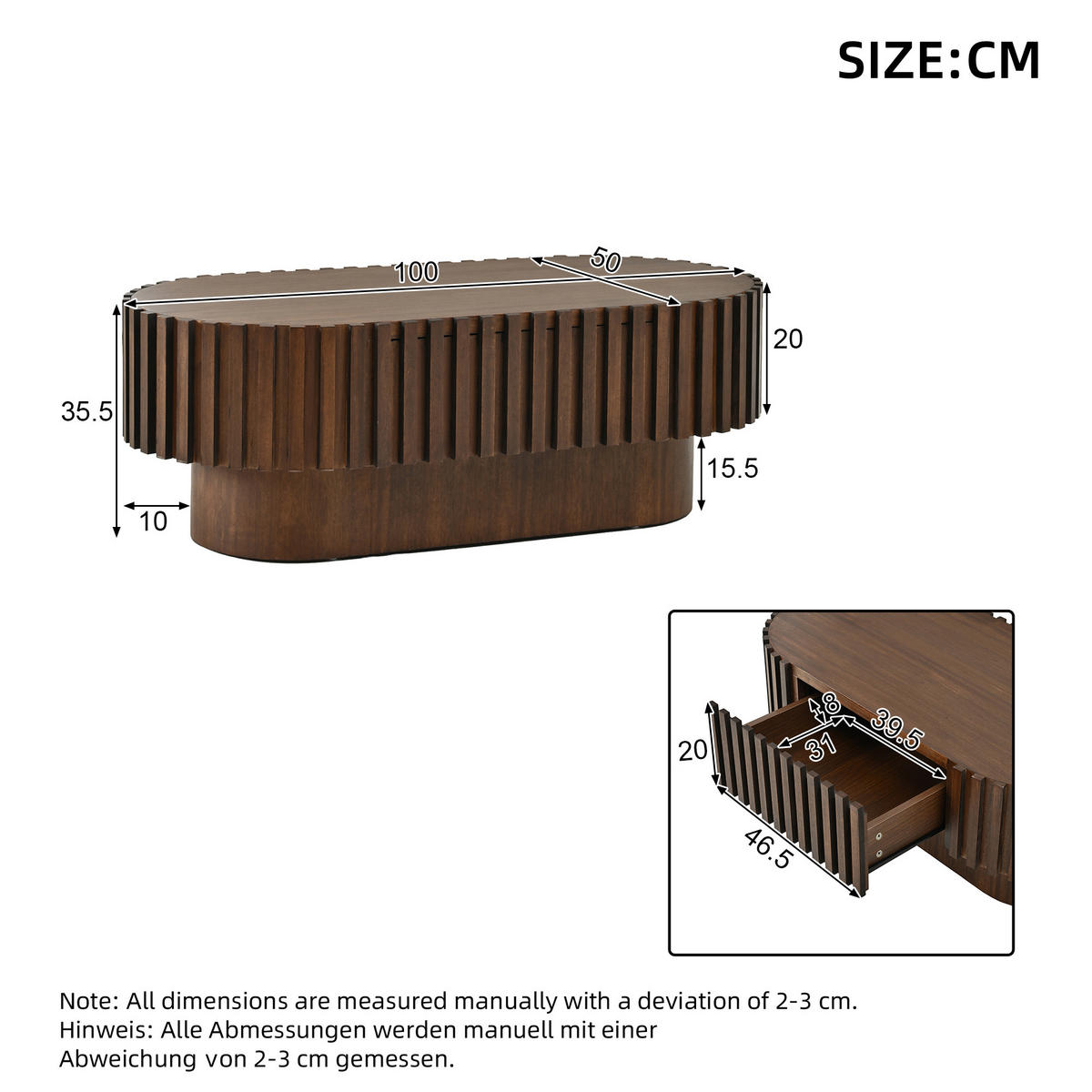COUCHTISCH 100/50/35,5 cm mit Schublade und Lamellenoptik in Walnussholzfarbe - Walnussfarben/Schwarz, Holzwerkstoff (50/100/35.5cm) - CHICFURN