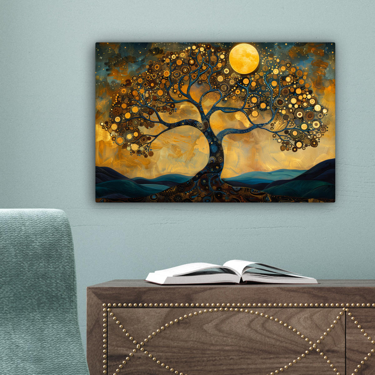 LEINWANDBILD Baum - Mond - Blumen - Gold - Kunst 30x20 cm - Orange, Textil (30/20cm) - MuchoWow
