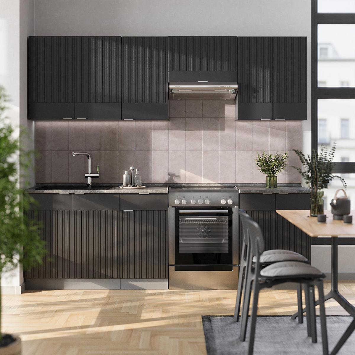 KÜCHENZEILE Fame-Line, Schwarz gestreift/Anthrazit, 240 cm, AP Eiche - Anthrazit/Schwarz, Holzwerkstoff (240/81.6/60cm) - Vicco