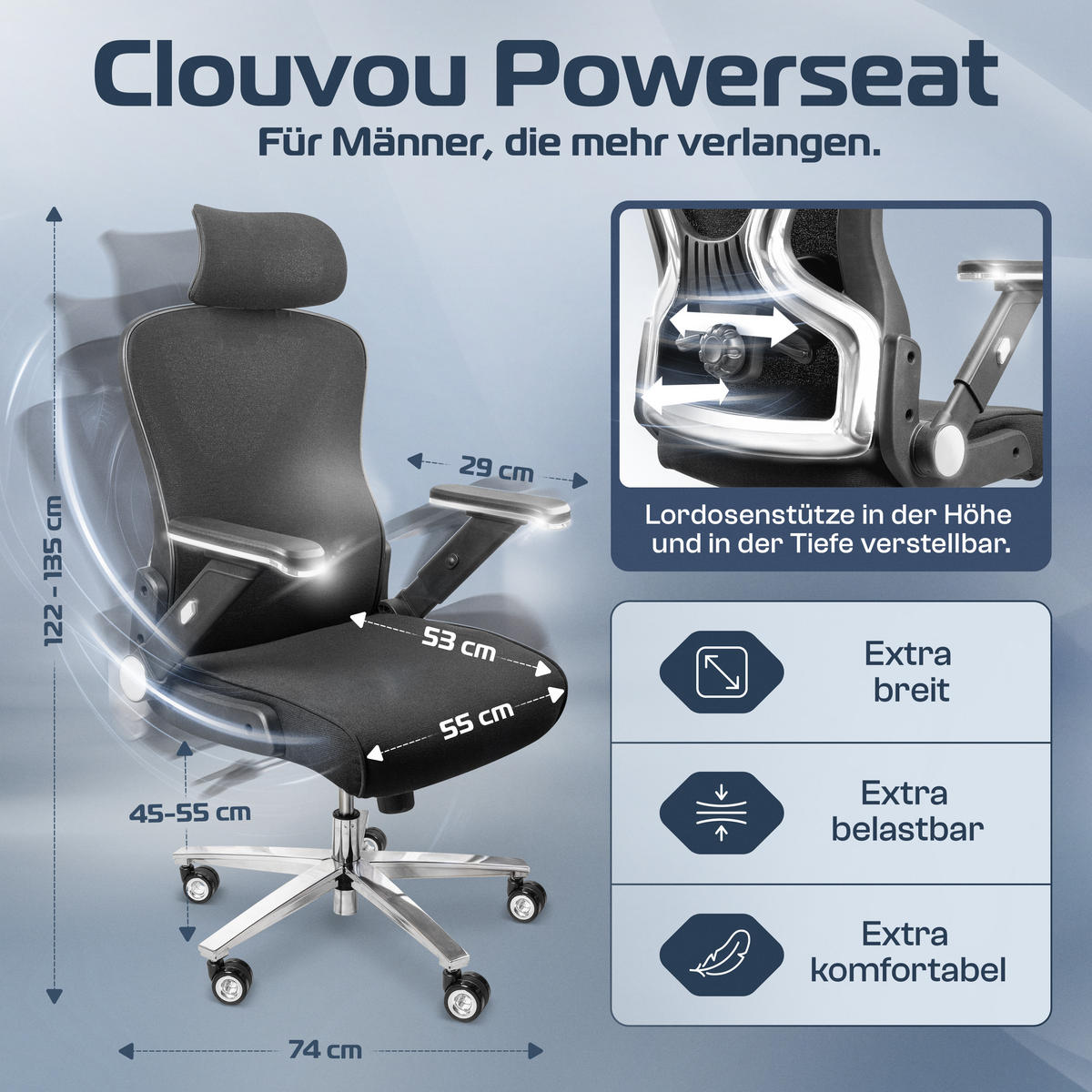 BÜROSTUHL PowerSeat Schwarz - Silberfarben/Schwarz, Kunststoff/Textil (74/135/74cm) - Clouvou