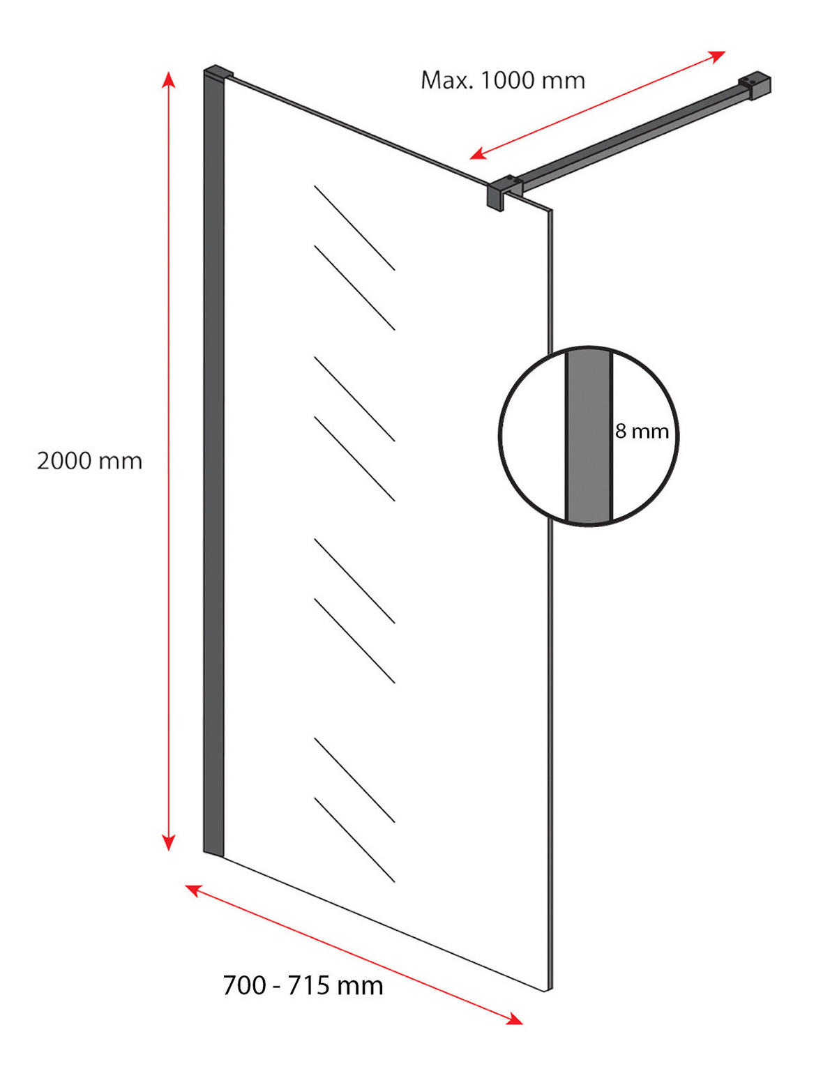 DUSCHWAND Rizani - 70 x 200 cm - Schwarz - Walk-In Duschabtrennung aus Rauchglas - Anthrazit/Schwarz, Glas (70/200cm) - Badplaats